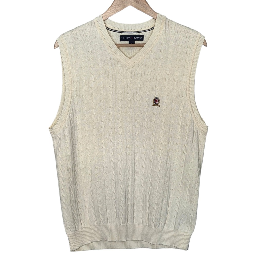 Vintage Tommy Hilfiger Cream Cable Knit Sweater Vest Preppy Academia Y2K Mens M